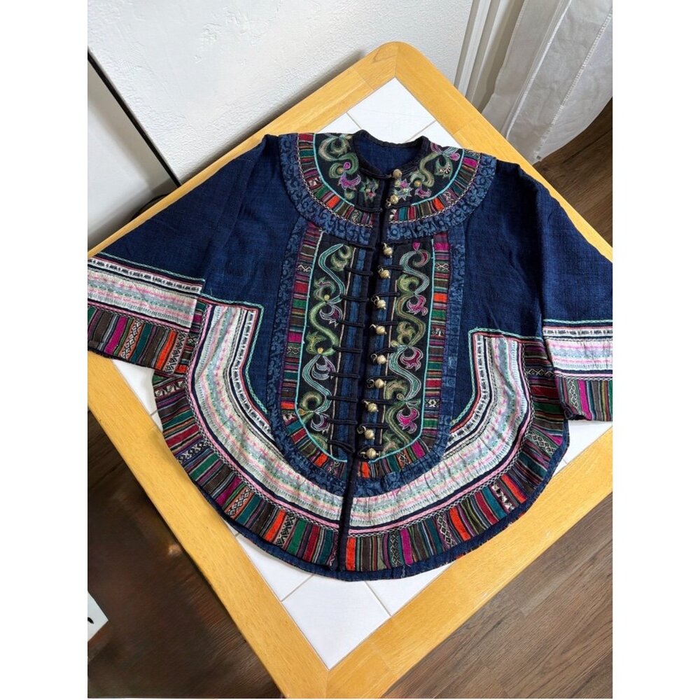 Vintage Hmong Handmade Indigo Jacket Embroidered Tribal OOAK Boho Artisan - Picture 4 of 16